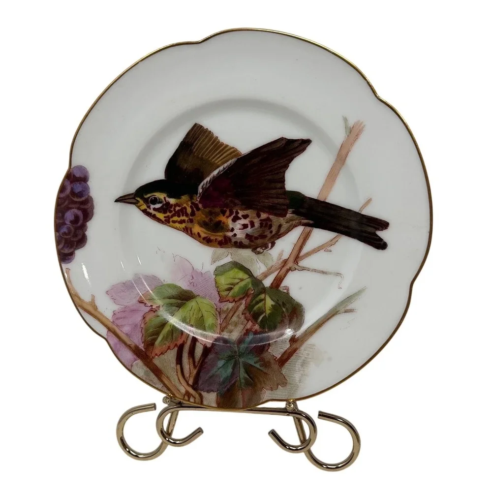 Antique Hand Painted Bird Porcelain Hache Pepin‎ Plate Scalloped Gold Rim 8.5
